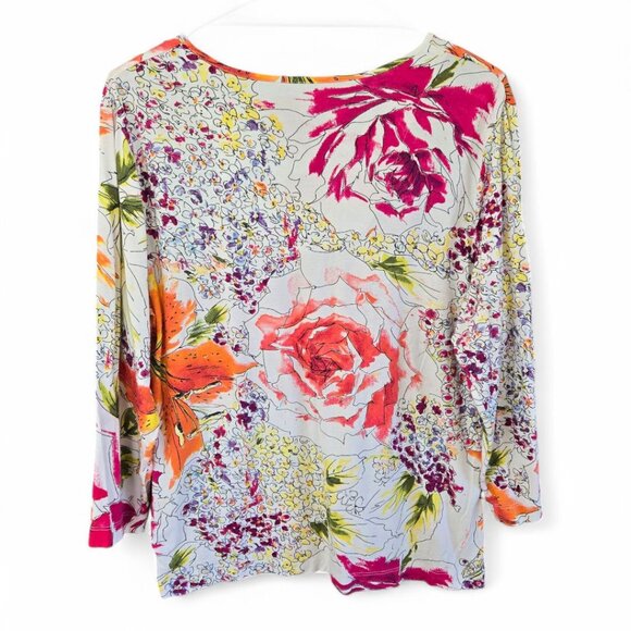 Chicos Size 2 Womens Large Watercolor Floral V-Neck 3/4 Sleeve Tshirt - Picture 2 of 9